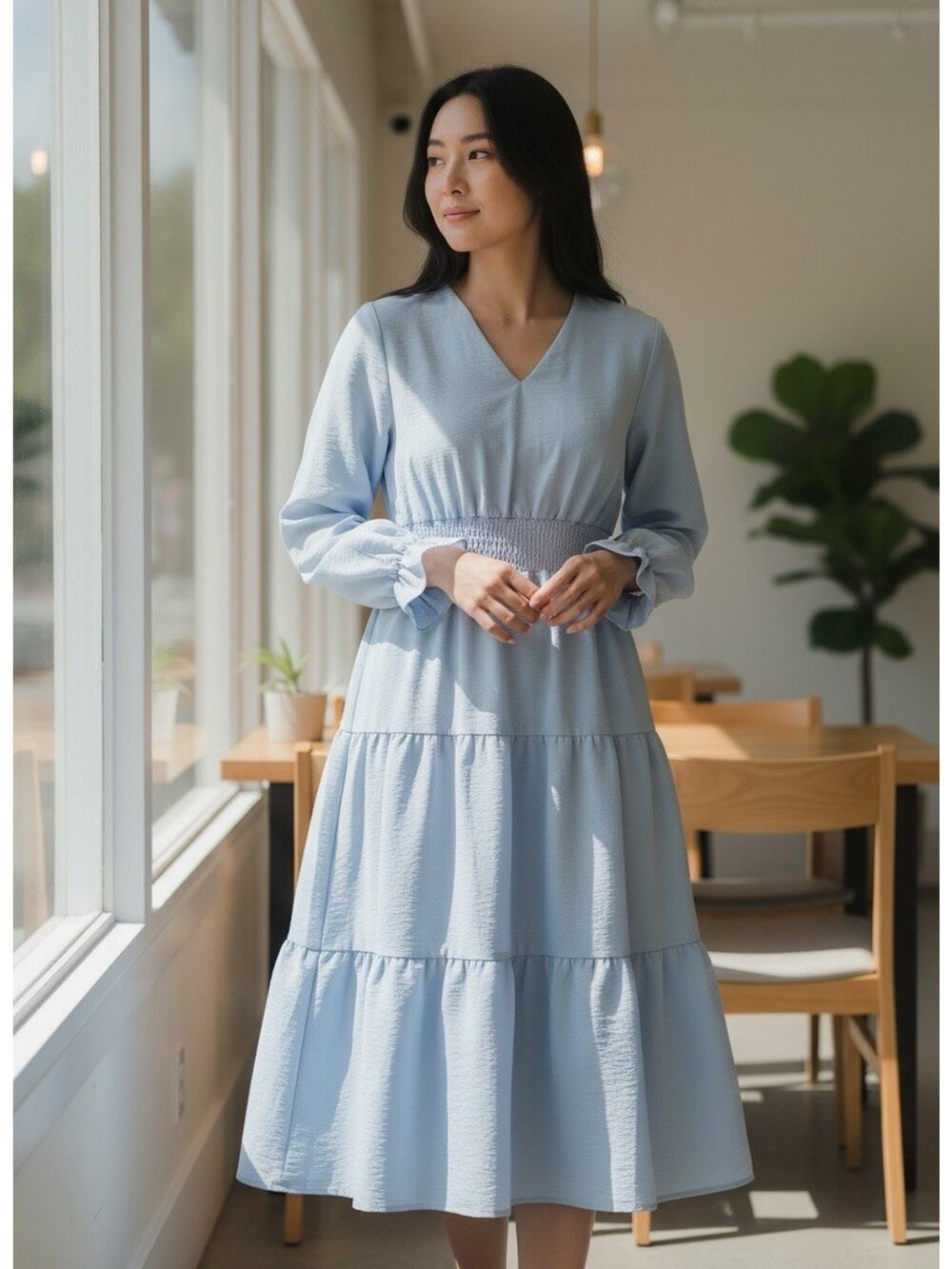 Womens Large Light Blue Tiered Dress Long Sleeve Smocked Waist NWT Boho